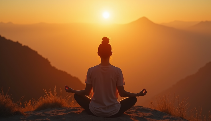 High angle view of a person meditating outdoors at sunrise