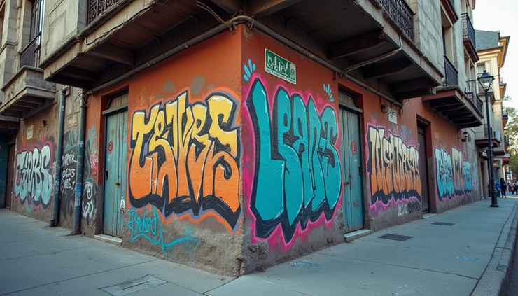 Eye-level view of a street corner with graffiti art symbolizing urban culture