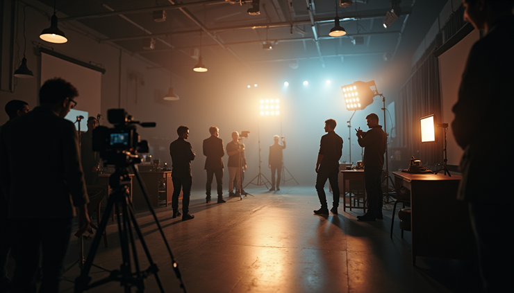 High angle view of a film set with lighting and camera equipment capturing a dramatic scene