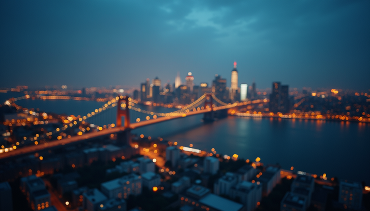 Eye-level view of a city skyline at dusk with bright lights symbolizing power and influence