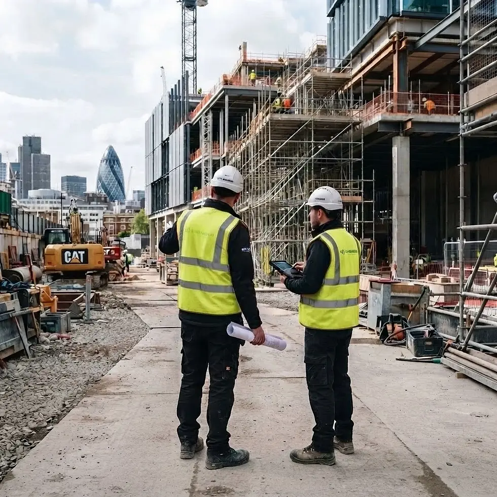 Construction site photography of two workers in high-visibility vests discussing blueprints and a tablet. They are on a busy urban development site with a building under construction.