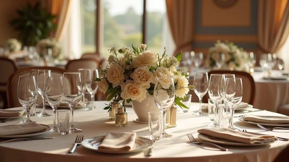 Eye-level view of elegant wedding reception setup with floral centerpieces