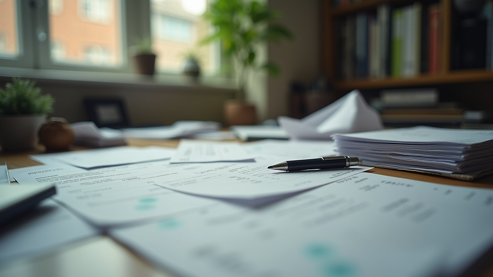 Eye-level view of a disorganized workspace with tax receipts scattered