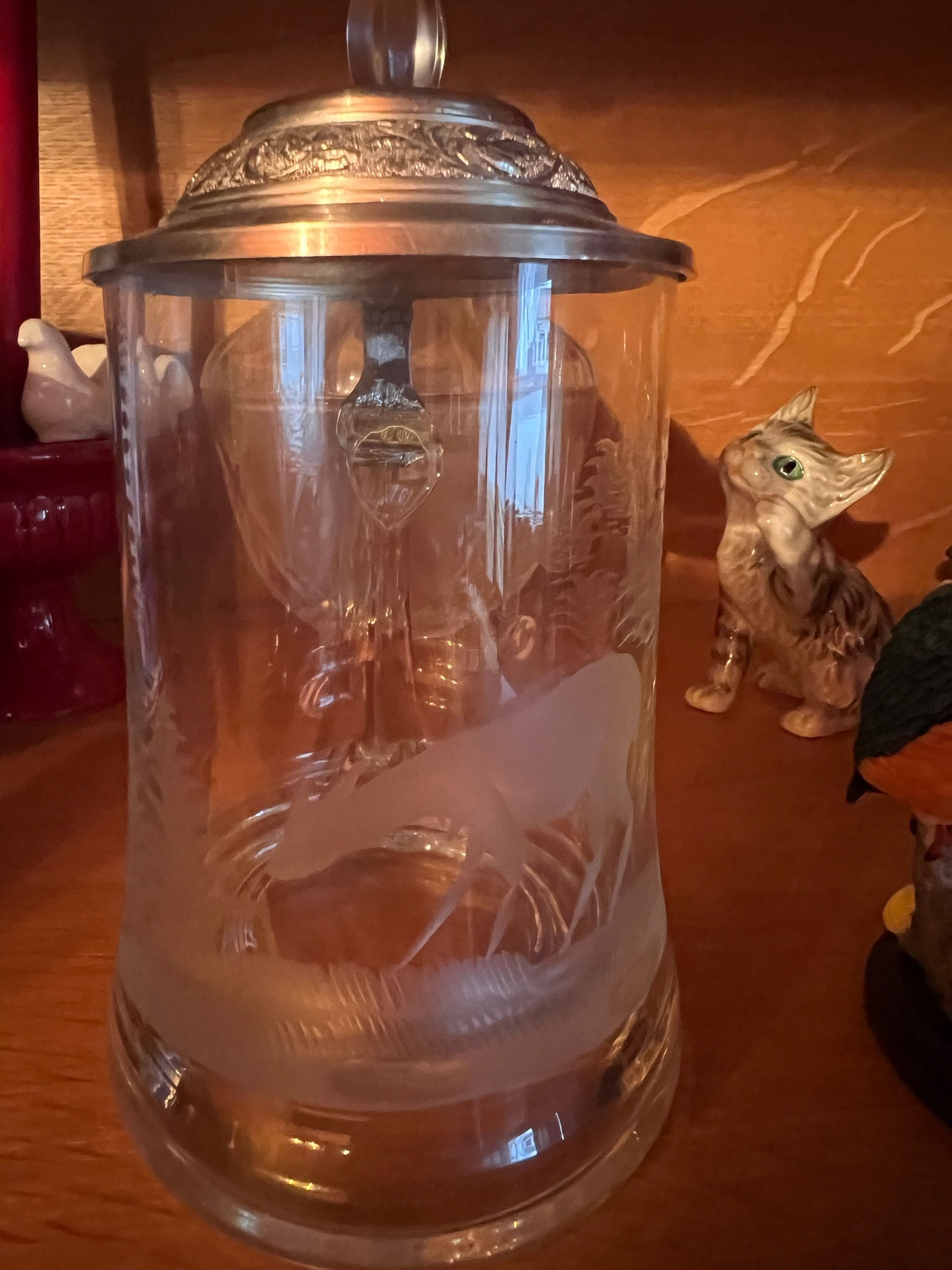 Bierhumpen Krug  Zinndeckel mit Schliff im Glas