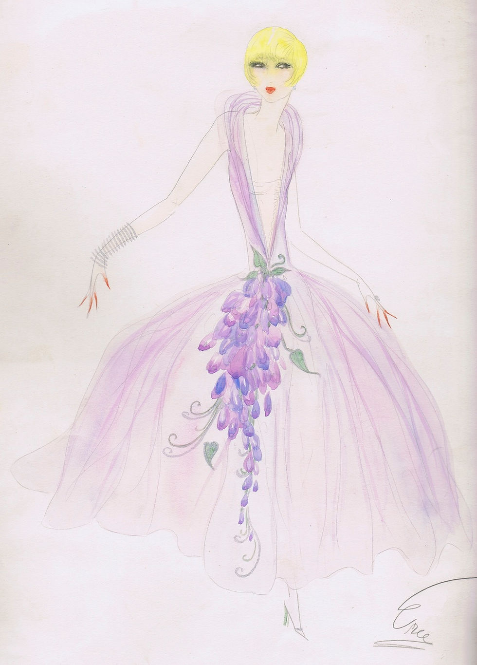 A sketch by Dolly Tree for a highly stylized evening gown dated to mid -late 1920s illustrating both her love of simplicity of style and color. (Gary Chapman / Jazz Age Club / Mary Evans)
