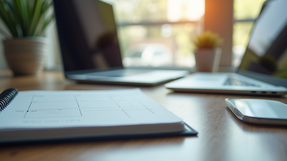 Close-up view of a modern workspace with a planner and a laptop