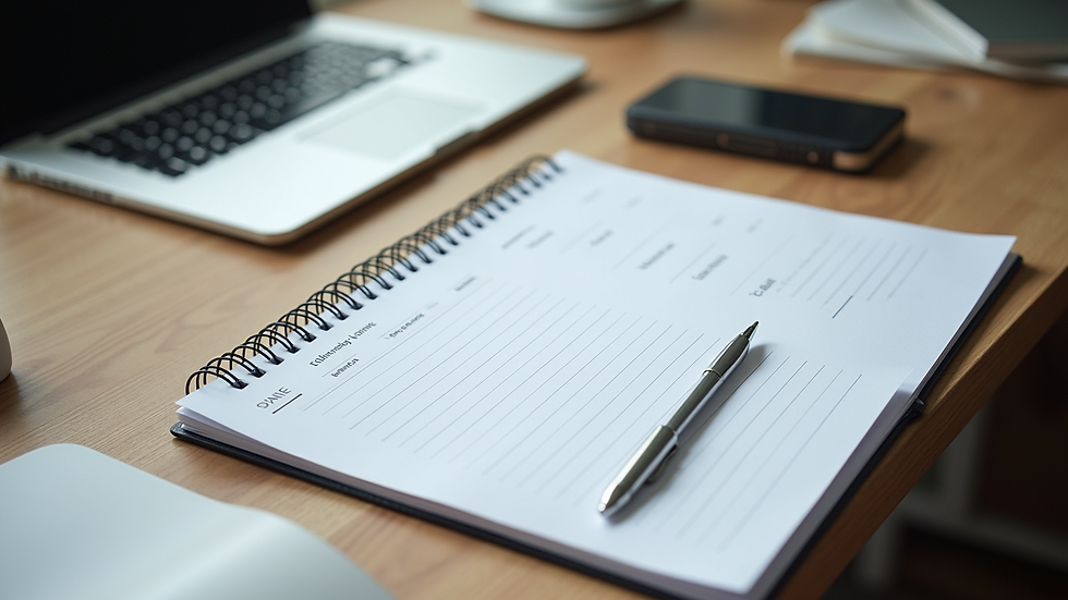 High angle view of a workspace with organized documents and a planner