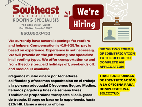 We are hiring roofers and helpers. Bring two IDs!