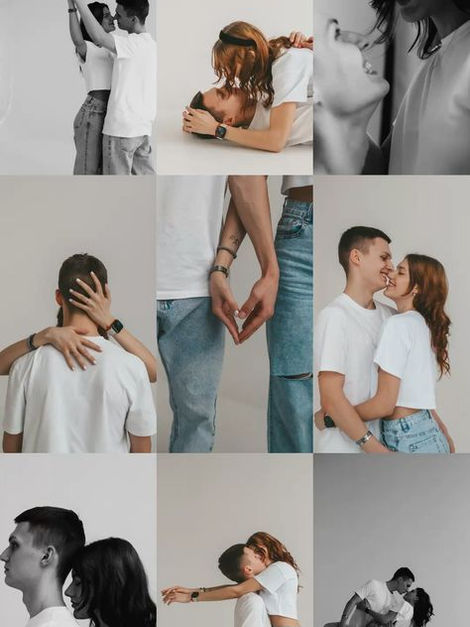 Couple complice en studio photo, poses naturelles et tendres en tenue décontractée – séance photo duo à Vichy