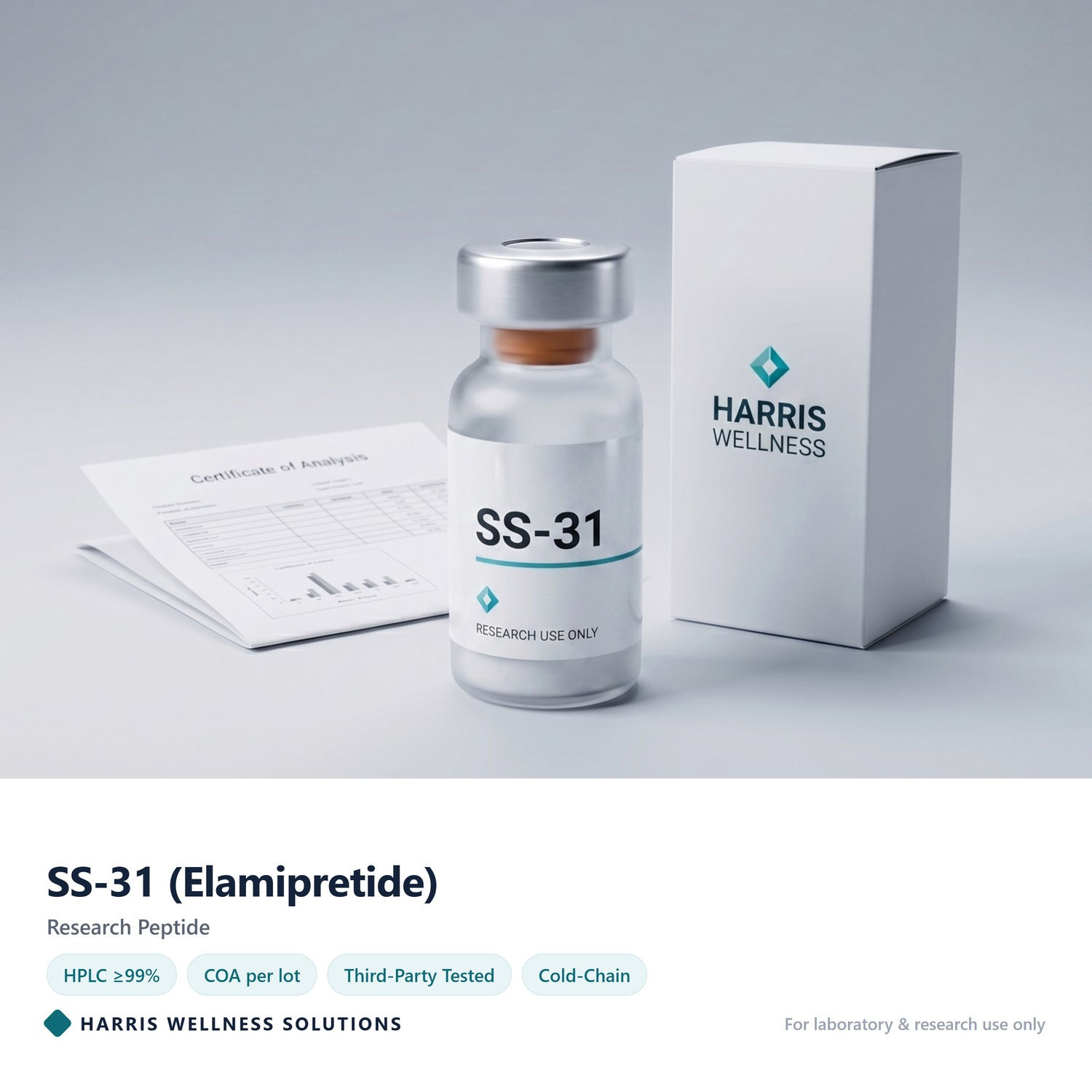 SS-31 (Elamipretide) research peptide vial with Certificate of Analysis - Harris Wellness Solutions, research use only