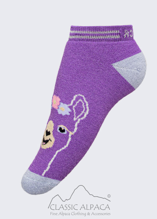 Thumbnail: purple ankle sock with an alpaca face on it
