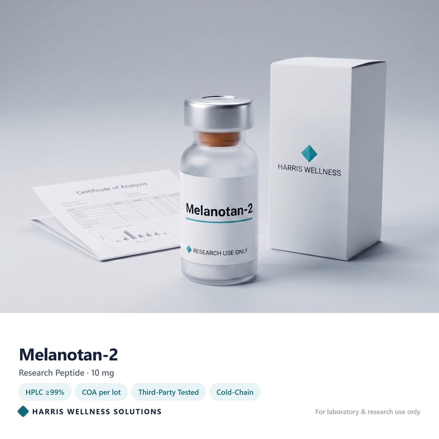 Melanotan-2 10 mg research peptide vial with Certificate of Analysis - Harris Wellness Solutions, research use only