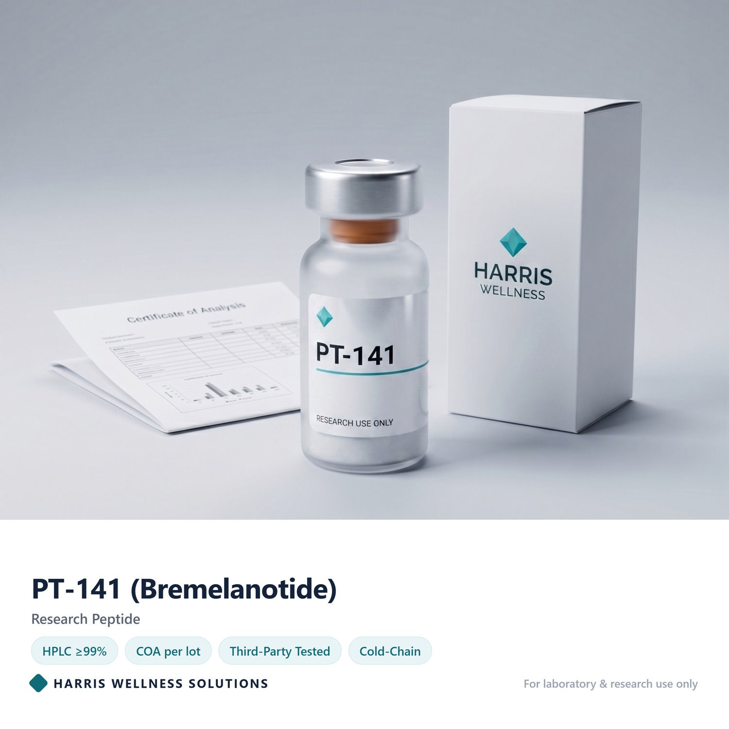 PT-141 (Bremelanotide) research peptide vial with Certificate of Analysis - Harris Wellness Solutions, research use only