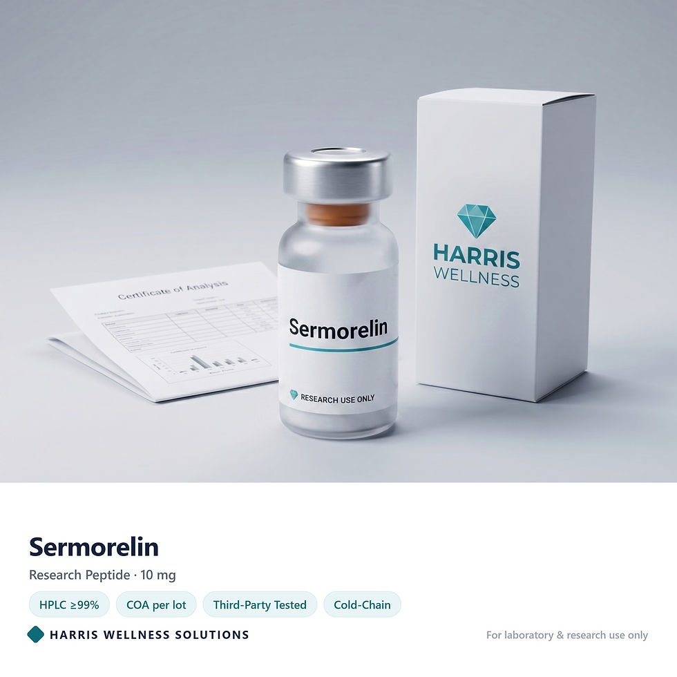 Sermorelin 10 mg research peptide vial with Certificate of Analysis - Harris Wellness Solutions, research use only