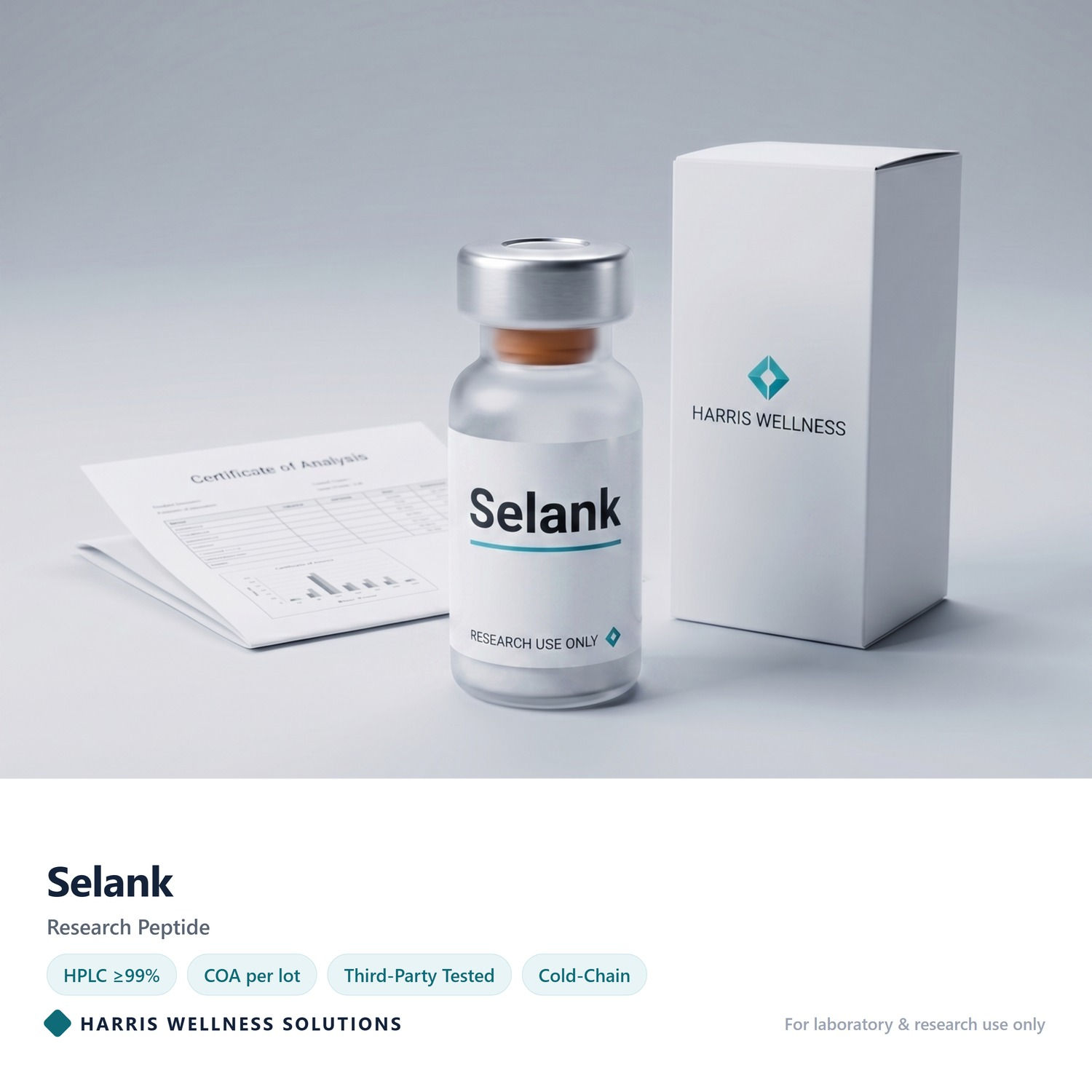 Selank research peptide vial with Certificate of Analysis - Harris Wellness Solutions, research use only