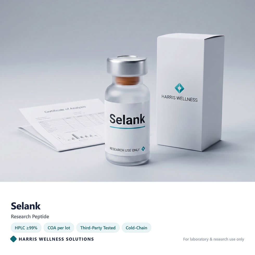 Selank research peptide vial with Certificate of Analysis - Harris Wellness Solutions, research use only