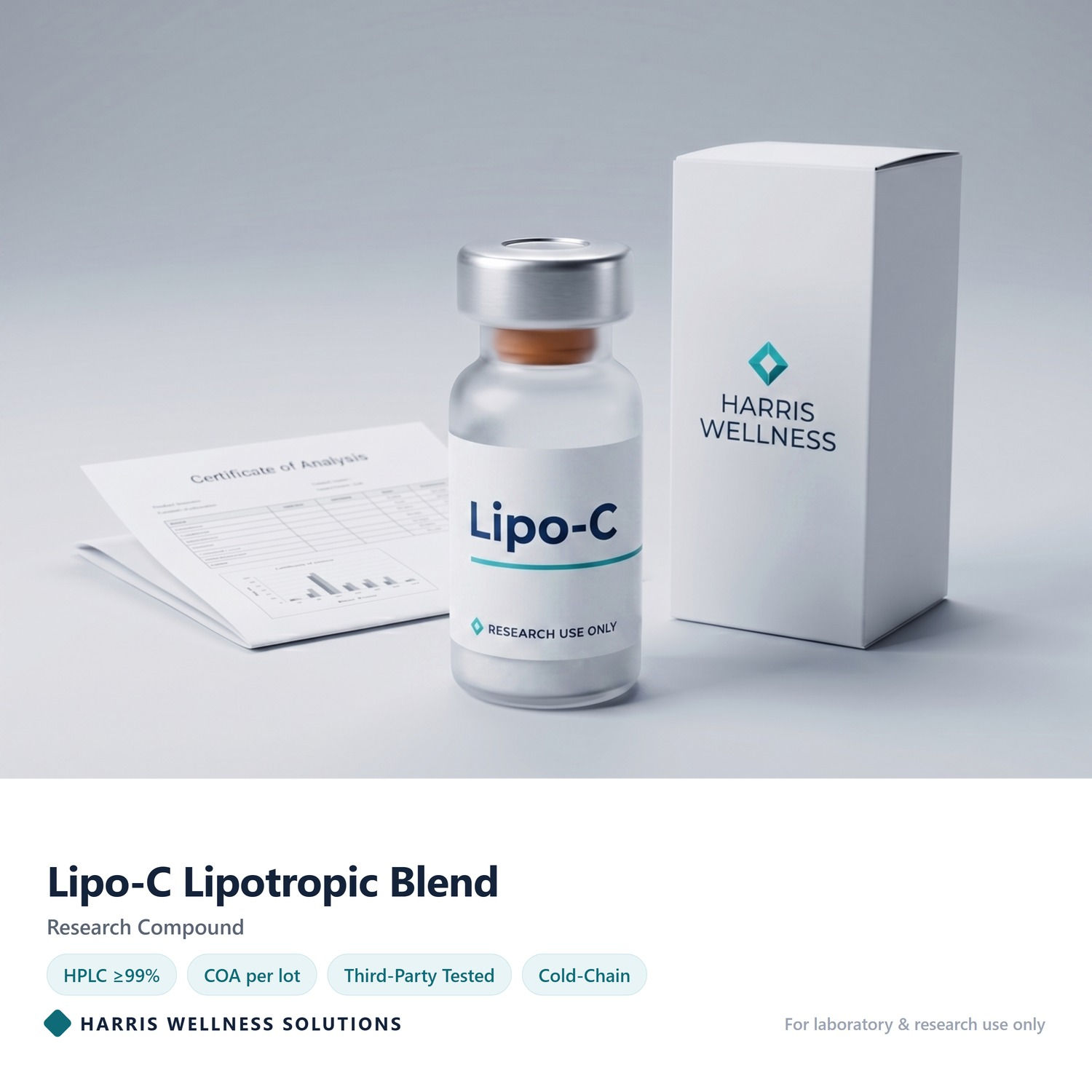 Lipo-C lipotropic blend research compound vial with Certificate of Analysis - Harris Wellness Solutions, research use only
