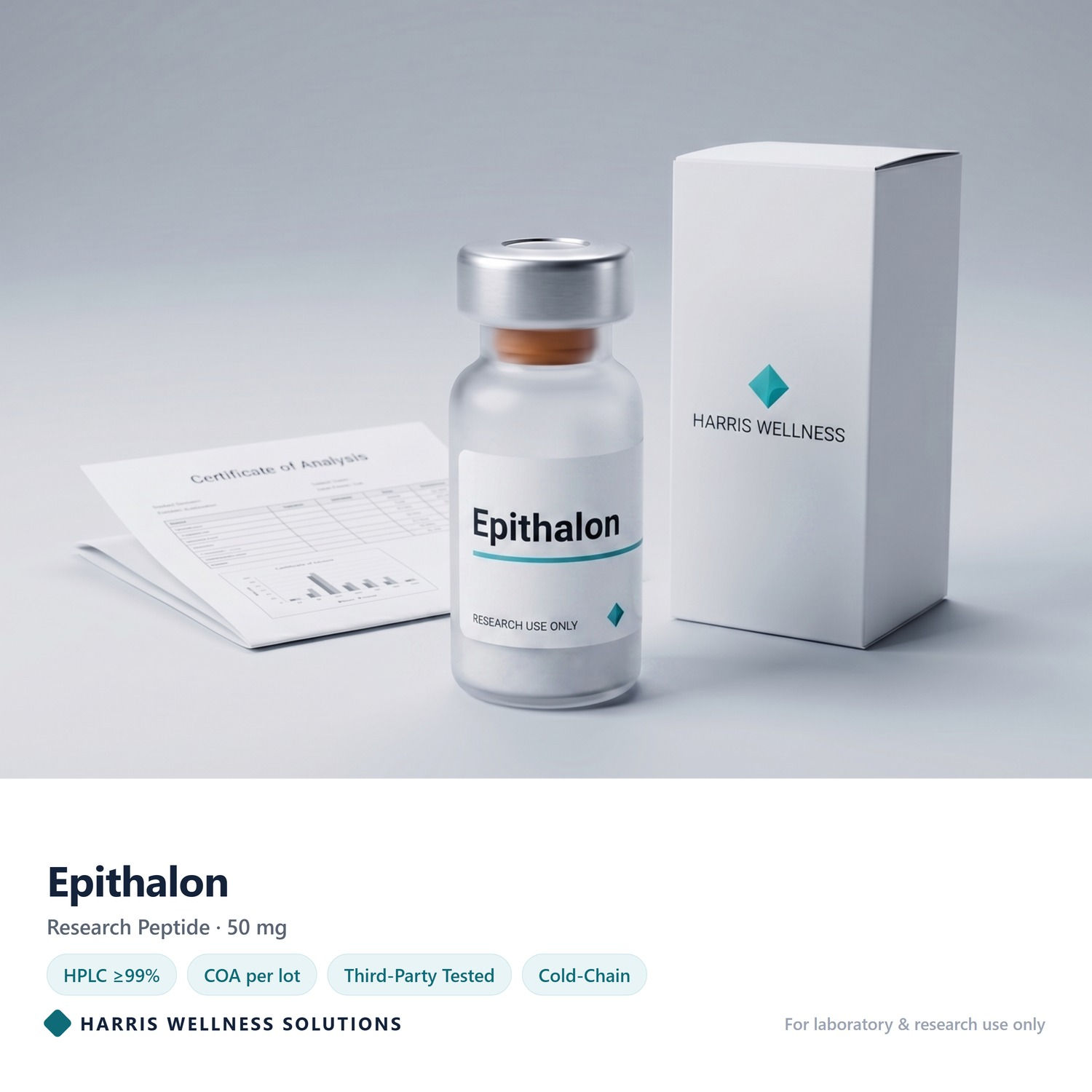 Epithalon 50 mg research peptide vial with Certificate of Analysis - Harris Wellness Solutions, research use only