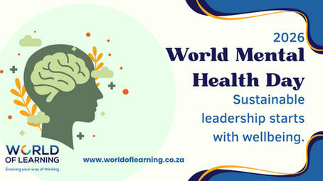 2026 World Mental Health Day. Sustainable leadership starts with wellbeing. Outline of a head and neck in green, with outline of a brain in light green.