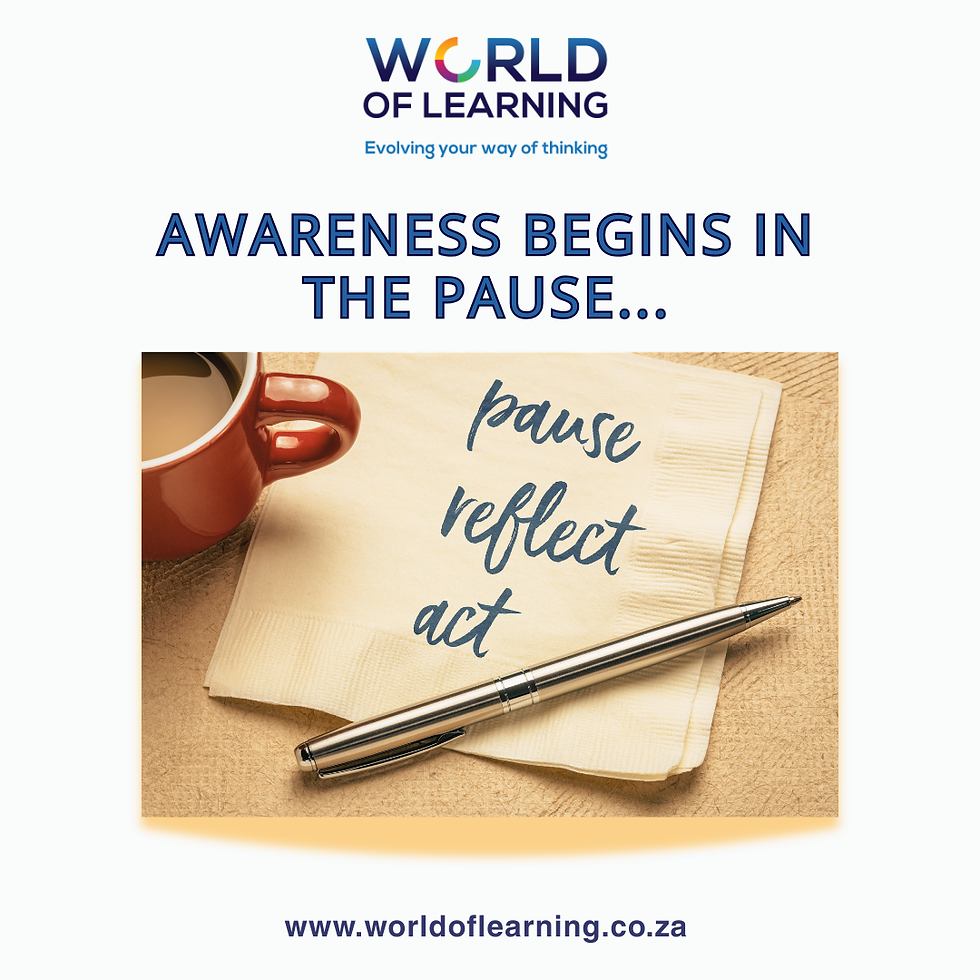Awareness begins in the pause... Photo of a serviette next to a red coffee cup with the words pause, reflect, act in blue on it. A silver pen is lying over the corner of the serviette.