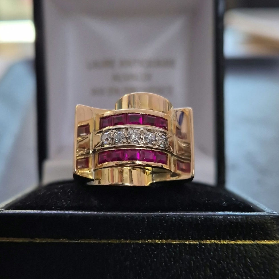 Miniature : Bague tank années 40 or rose diamants rubis