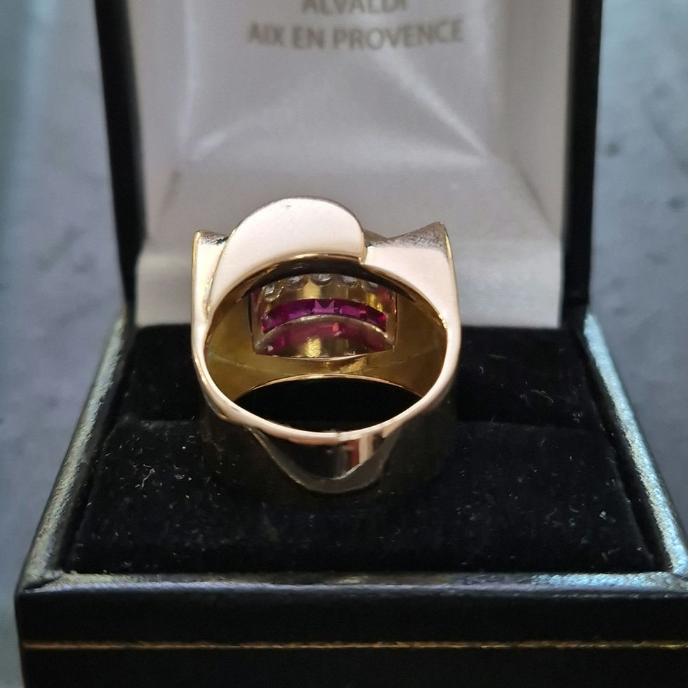Miniature : Bague tank années 40 or rose diamants rubis