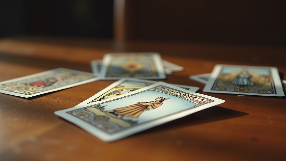 Vue rapprochée d’un jeu de cartes de Tarot de Marseille posé sur une table en bois