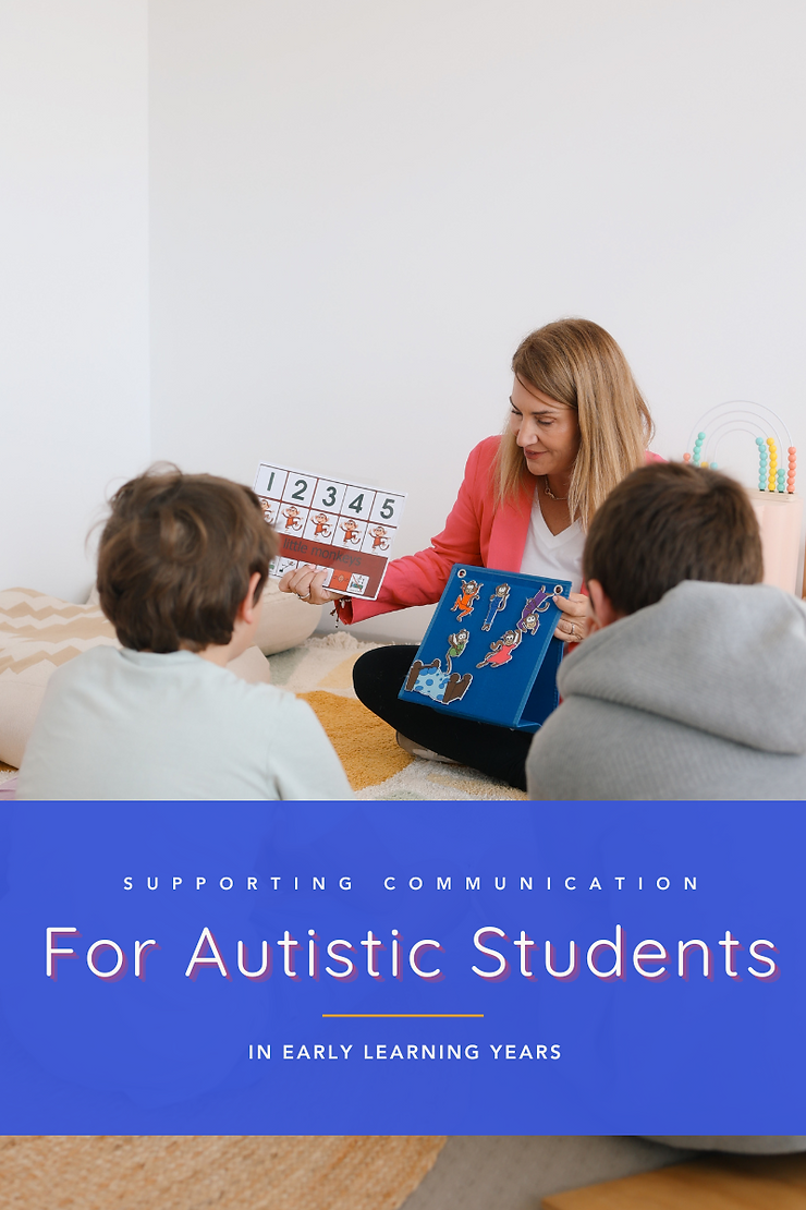 A teacher with kids, showing a counting chart. Text reads "Supporting Communication for Autistic Students in Early Learning Years." Calm setting.