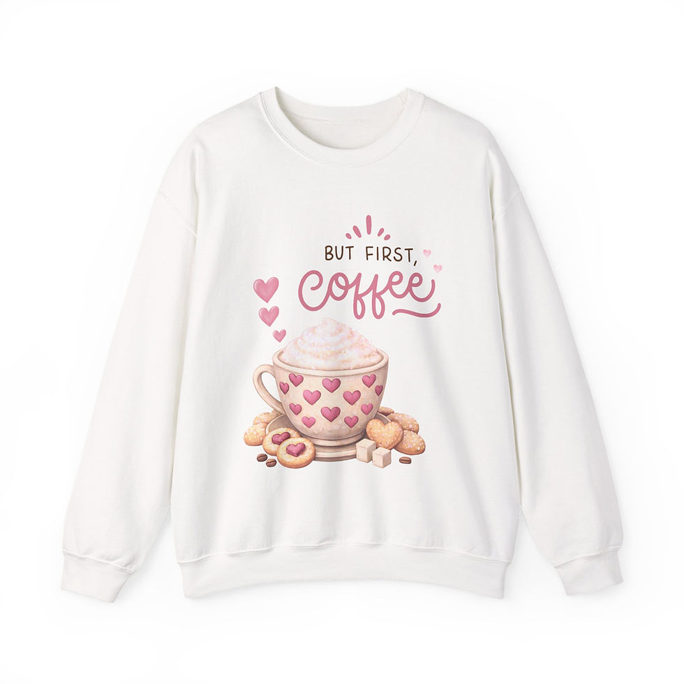 Thumbnail: Coffee Crewneck Sweatshirt — "But First, Coffee" Cute Heart Mug Design