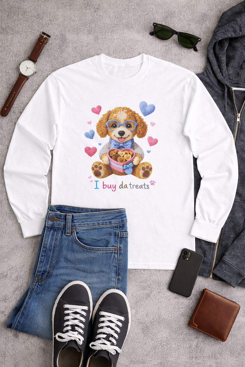 Thumbnail: Long Sleeve shirt — Cute Puppy "I Buy Da Treats" Graphic