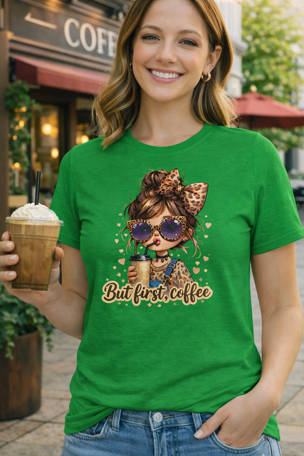 Thumbnail: Women's Tee - "But First, Coffee" Cute Messy Bun Girl Graphic