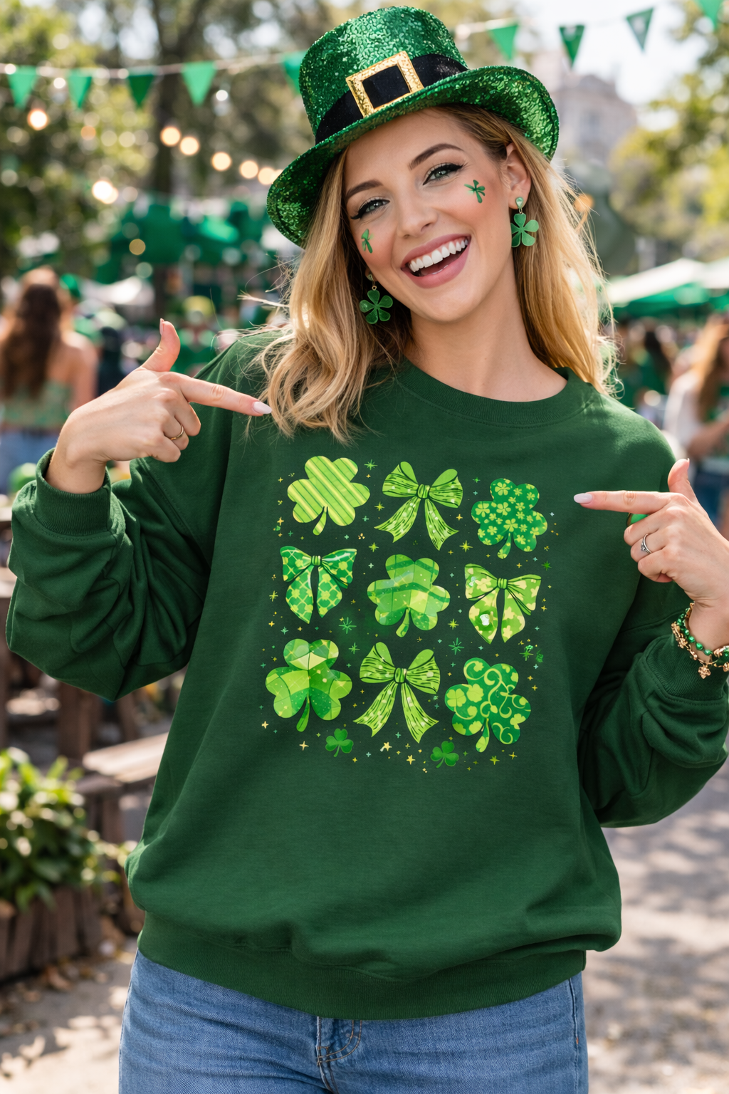 St. Patrick's Day Shamrock Sweatshirt — Green Clover Pattern Crewneck