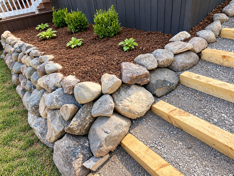 Timber stairs next to Boulder retaining wall Houghton Lake Michigan