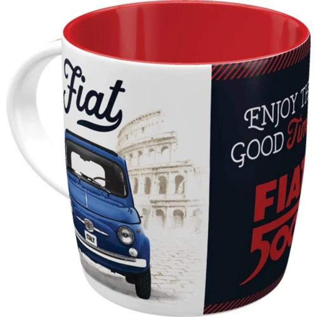 Mug céramique vu de face. Fiat 500 bleue au milieu de monuments Italiens. Mug Nostalgic-Art
