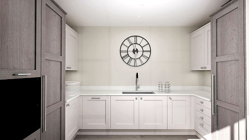 Render of Edwardian smooth painted cabinetry. Finished in Cashmere and Antracite Oak. Desi