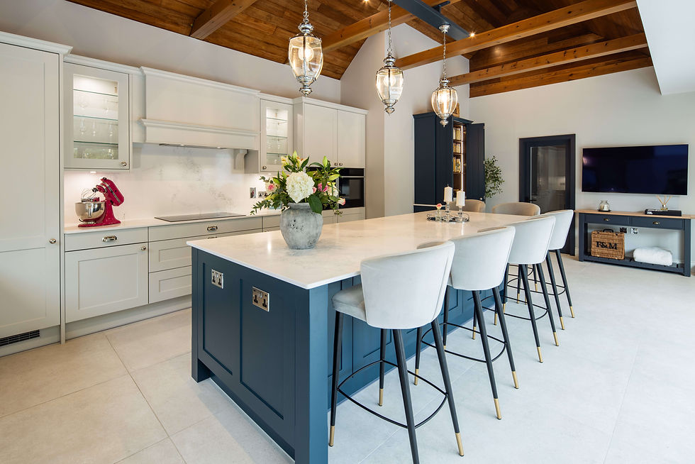 Stoneham Edwardian kitchen in Dove Grey with bespoke consul table in Hague Blue. Kitchen d