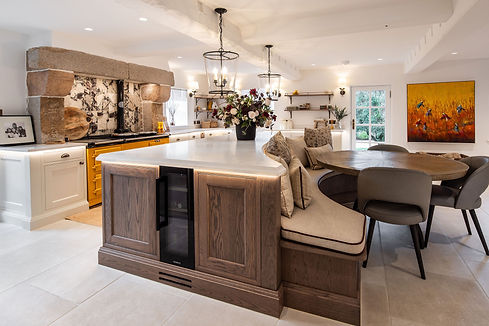 Bespoke infram kitchen painted in Farrow and Ball satin slipper with Griege Oak islland wi