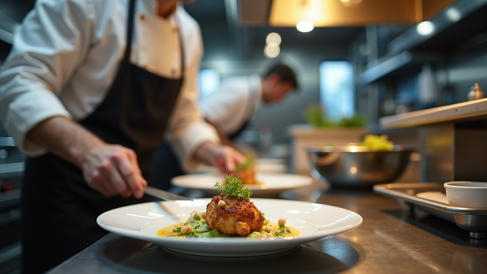Close-up view of a chef plating a gourmet dish in a modern kitchen