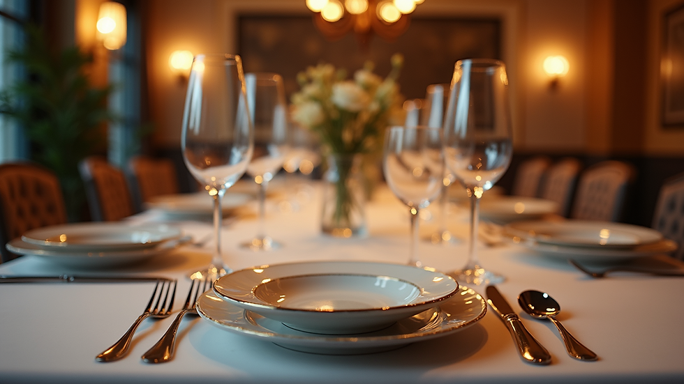 Eye-level view of a beautifully set dining table with elegant place settings