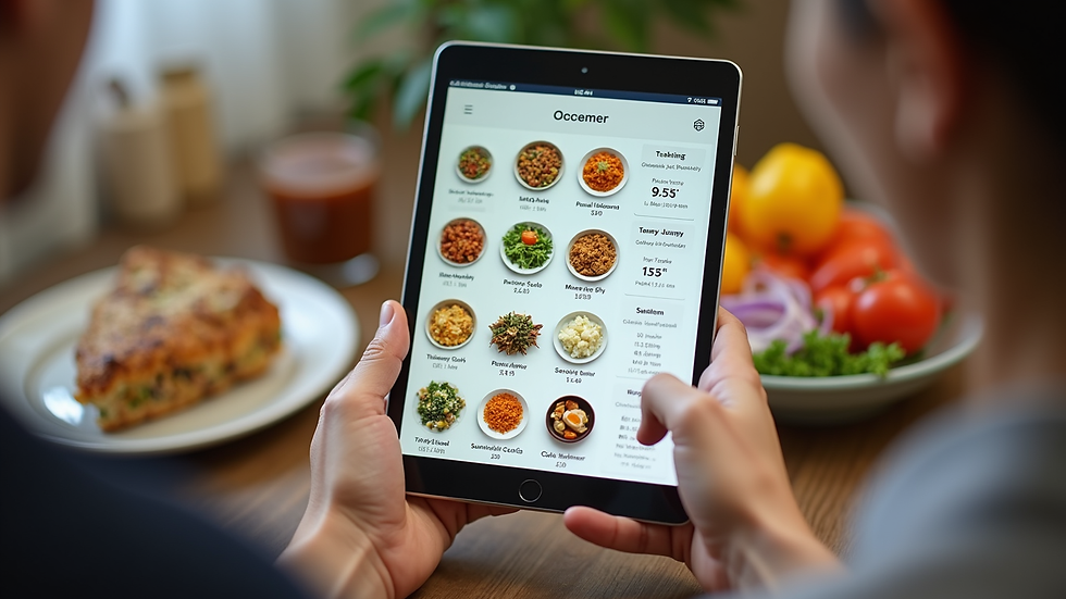 Close-up view of a tablet displaying a meal planning app with colorful dishes and nutritional information