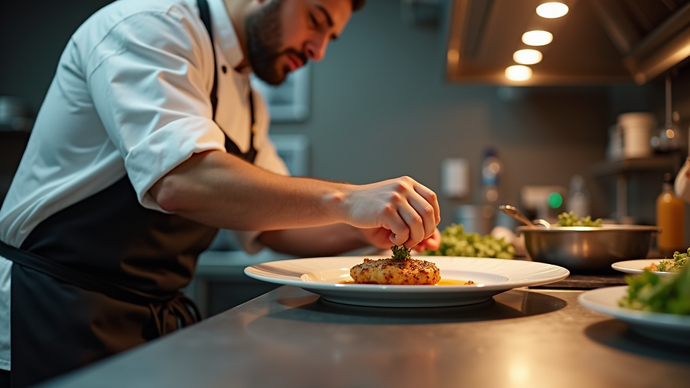 Close-up view of a personal chef preparing a gourmet dish in a modern kitchen