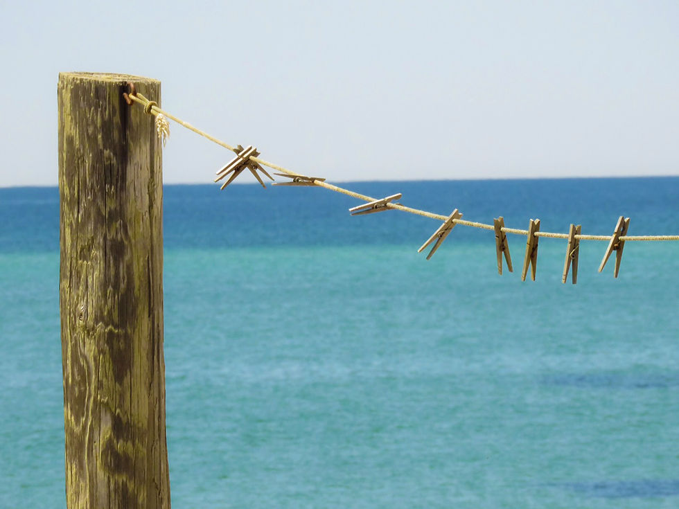 Wooden clothespins on a clothesline, with Cape Cod Bay in background