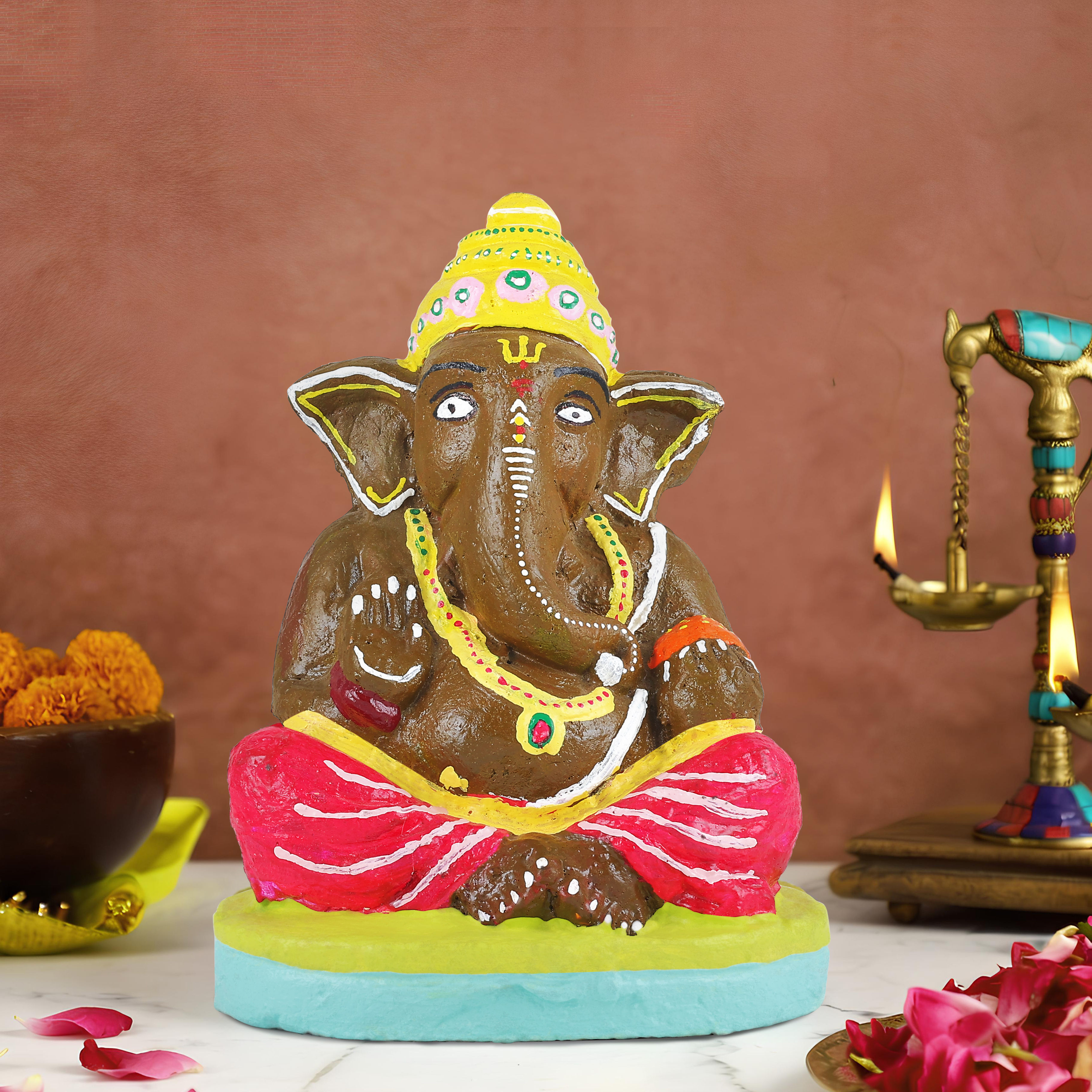 Ganesh Idol | Eco-Friendly Handcrafted Clay Ganesh Murti 11 Inch