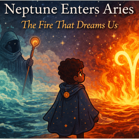 Illustration of Wizard Boy standing before a glowing flame and misty gateway, as Saturn watches from behind and cosmic symbols swirl—depicting Neptune’s entry into Aries in 2026.