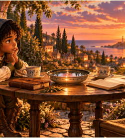 Storybook illustration of the young wizard boy and his shaggy companion seated at a round wooden table overlooking a coastal village at sunset. Across from him is an unoccupied chair with a second cup, while two lanterns and a reflective bowl frame the shared space between them.