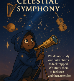 Young boy looking through a telescope a musical depiction of the heavens