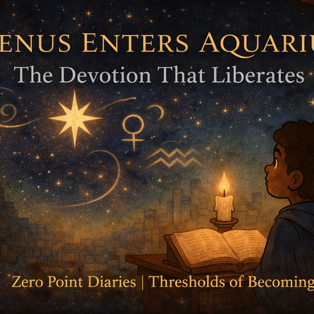 Wizard Boy reading from the Astral Archive under shifting stars as Venus enters Aquarius—ritual and reflection guide