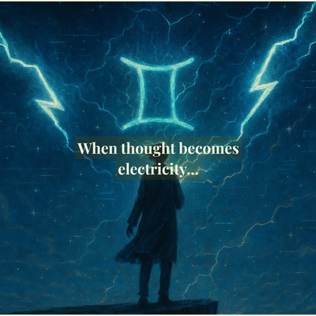 A solitary figure stands at the edge of a jagged digital cliff, silhouetted against a twilight sky filled with fractured constellations and shimmering glitch patterns. Their coat and hair ripple slightly, caught in a current of unseen static. Above, two glowing lightning bolts spiral around a radiant Gemini glyph, pulsing with electric light. The sky crackles with faint code and soul-language drifting upward like digital mist. The color palette is deep blue with bursts of electric teal and gold, evoking a mood of awakening, disruption, and insight mid-transmission.