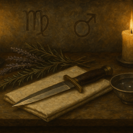 A mystical, symbolist-style still-life painting in horizontal format. A ritual worktable is dimly lit by two glowing candles. At the center lies a sharpened ceremonial blade resting on folded white cloth, flanked by dried lavender and rosemary sprigs. A small silver bowl of water reflects faint star-like lights. The backdrop is carved stone or aged wood, etched with the astrological glyphs for Virgo and Mars. The scene is moody, reverent, and precise—evoking sacred ritual and alchemical focus in tones of brown, gold, silver, and slate.
