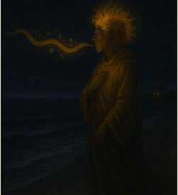 A golden figure stands at a twilight shore, glowing runes streaming from their mouth. A warm cottage glows in the distance under a dark new moon sky. Footprints trail behind in the sand, touched by the tide.